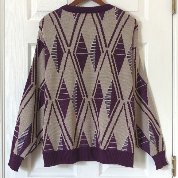 Aspetuck Trading Co. 90's Vintage Funky Knit Crewneck Sweater Taupe Purple XL - Picture 11 of 12
